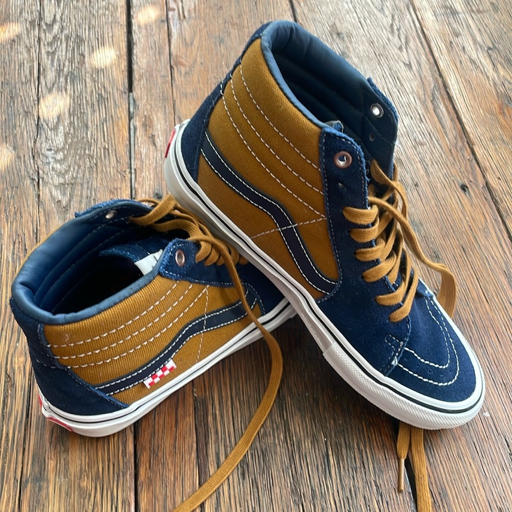 Blue and mustard high top Vans - Never worn- Men size 9 Women’s size 9
